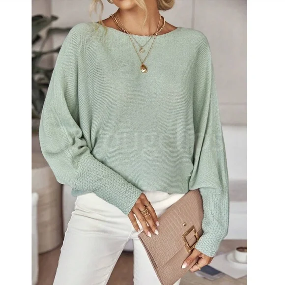 Mint Green Boat Neck Light Knit Sweater Batwing Sleeve Loose Fit, Stretchy - Picture 5 of 8